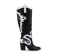Women's leather cowboy knee high boots, black-white, 95-D-806-10-39, Photo 1