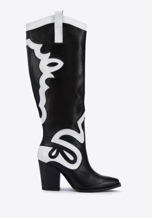 Women's leather cowboy knee high boots, black-white, 95-D-806-10-36, Photo 1