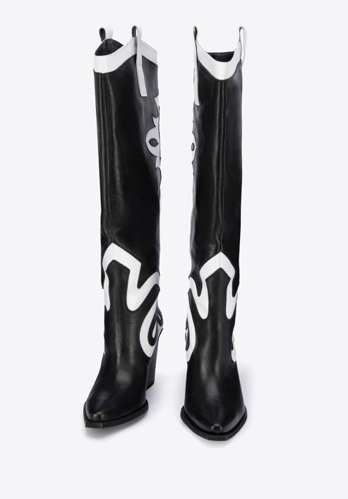 Women's leather cowboy knee high boots, black-white, 95-D-806-10-35, Photo 2