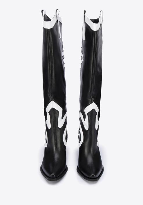 Women's leather cowboy knee high boots, black-white, 95-D-806-10-40, Photo 3