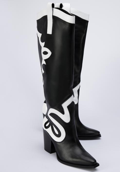 Women's leather cowboy knee high boots, black-white, 95-D-806-10-35, Photo 9