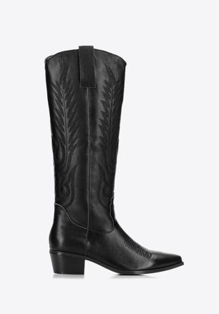 Women's embroidered leather tall western boots, black, 97-D-851-1-36, Photo 1