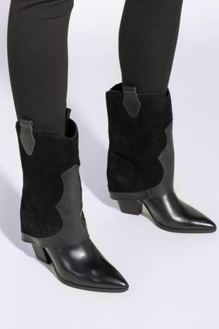 Leather and suede overlay cowboy boots, black, 95-D-513-1Z-40, Photo 1