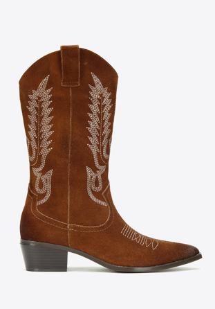 Women's embroidered suede knee high cowboy boots, brown, 97-D-854-5-40, Photo 1