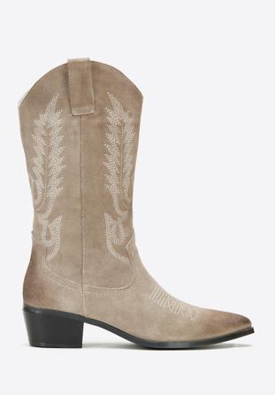 Women's embroidered suede knee high cowboy boots, beige grey, 97-D-854-9-41, Photo 1