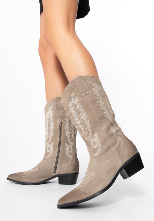 Women's embroidered suede knee high cowboy boots, beige grey, 97-D-854-9-40, Photo 15