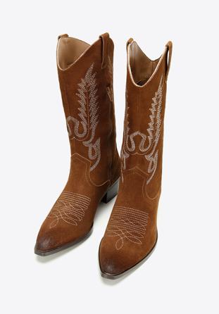 Women's embroidered suede knee high cowboy boots, brown, 97-D-854-5-39, Photo 1