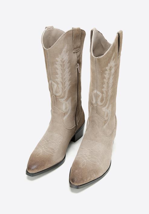 Women's embroidered suede knee high cowboy boots, beige grey, 97-D-854-9-36, Photo 2