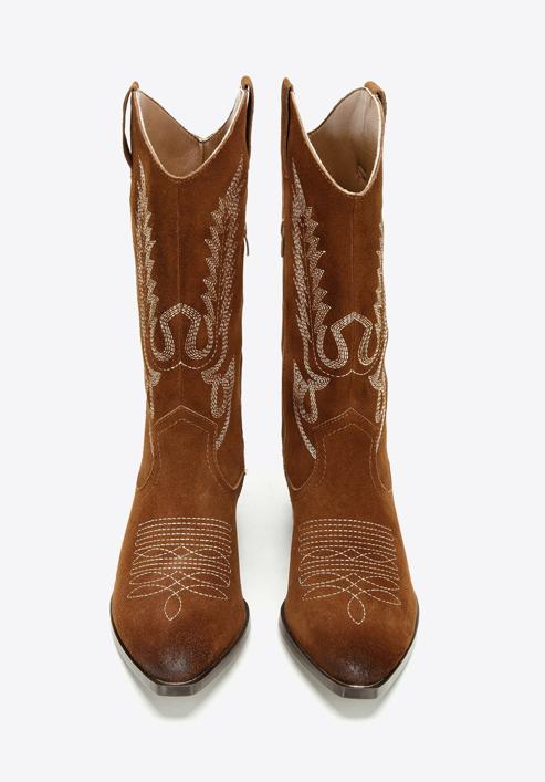 Women's embroidered suede knee high cowboy boots, brown, 97-D-854-5-35, Photo 3