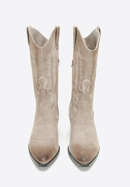 Women's embroidered suede knee high cowboy boots, beige grey, 97-D-854-9-35, Photo 3
