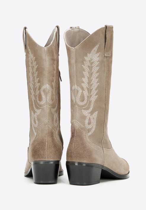 Women's embroidered suede knee high cowboy boots, beige grey, 97-D-854-9-40, Photo 4