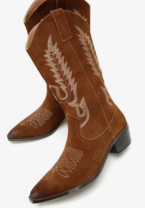 Women's embroidered suede knee high cowboy boots, brown, 97-D-854-5-39, Photo 6