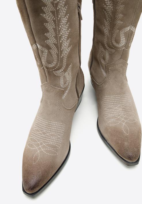 Women's embroidered suede knee high cowboy boots, beige grey, 97-D-854-9-40, Photo 6
