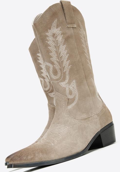 Women's embroidered suede knee high cowboy boots, beige grey, 97-D-854-5-40, Photo 7