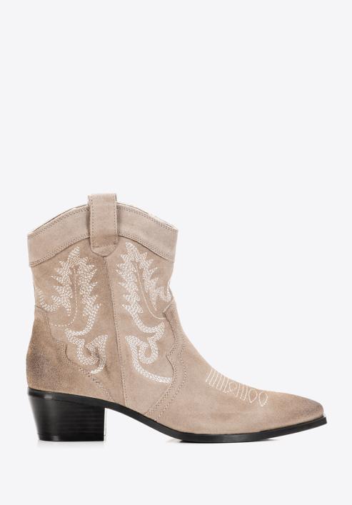 Women's embroidered suede cowboy boots, light beige, 97-D-856-Z-36, Photo 1