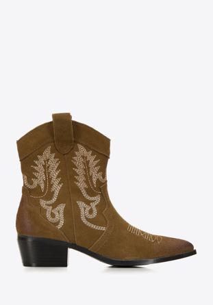Women's embroidered suede cowboy boots, green, 97-D-856-Z-36, Photo 1