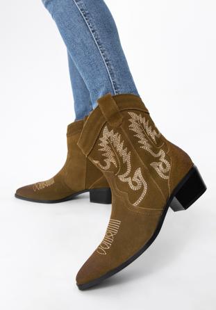 Women's embroidered suede cowboy boots, green, 97-D-856-Z-39, Photo 1