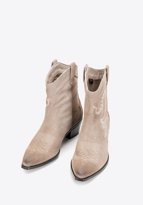 Women's embroidered suede cowboy boots, light beige, 97-D-856-5-40, Photo 2