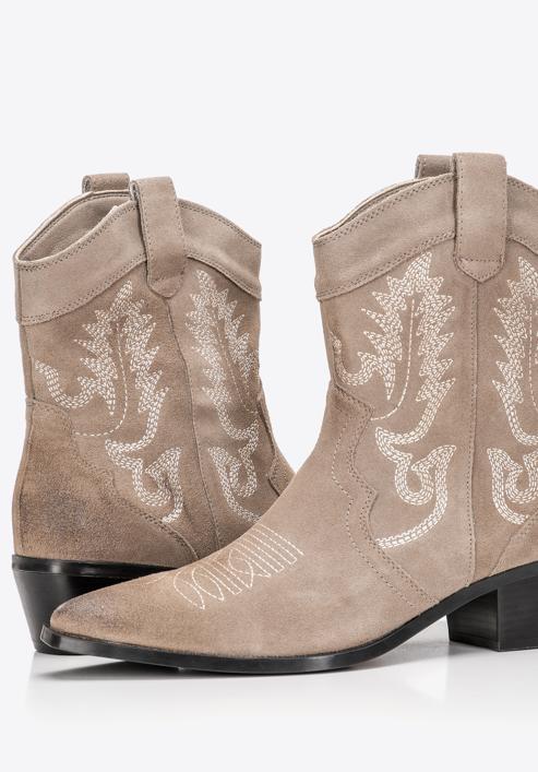 Women's embroidered suede cowboy boots, light beige, 97-D-856-Z-38, Photo 6