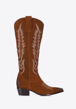 Women's embroidered suede tall cowboy boots, brown, 97-D-852-5-39, Photo 1