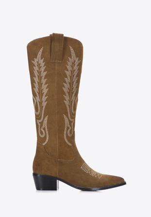 Women's embroidered suede tall cowboy boots, green, 97-D-852-Z-40, Photo 1