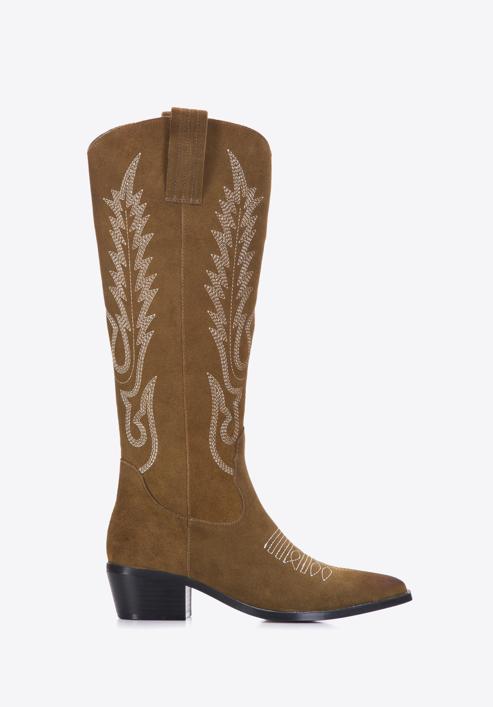Women's embroidered suede tall cowboy boots, green, 97-D-852-9-37, Photo 1