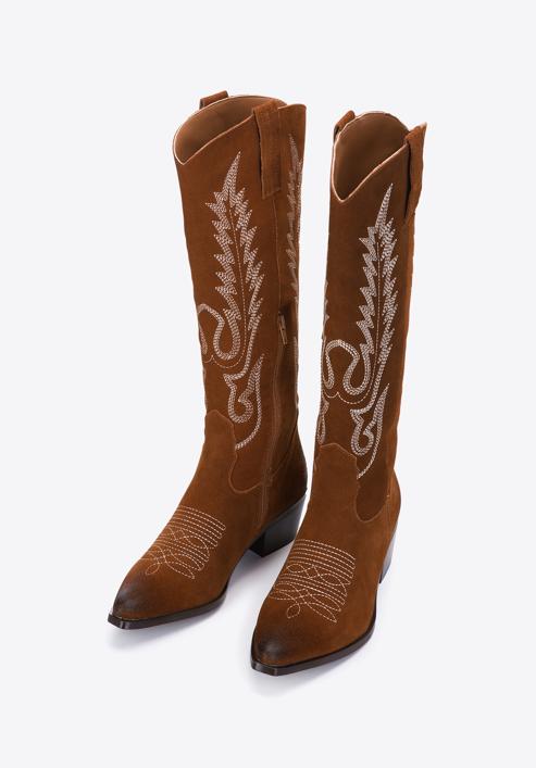 Women's embroidered suede tall cowboy boots, brown, 97-D-852-5-41, Photo 2