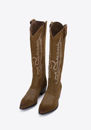 Women's embroidered suede tall cowboy boots, green, 97-D-852-Z-40, Photo 1