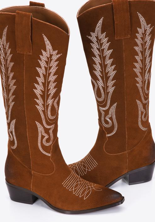 Women's embroidered suede tall cowboy boots, brown, 97-D-852-Z-39, Photo 6