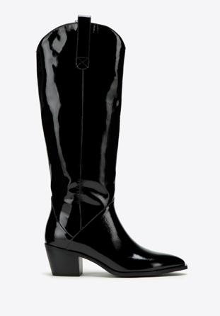 Women's patent leather cowboy knee high boots, black, 97-D-509-1-37, Photo 1