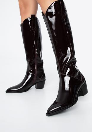 Women's patent leather cowboy knee high boots, deep burgundy, 97-D-509-3-39, Photo 1