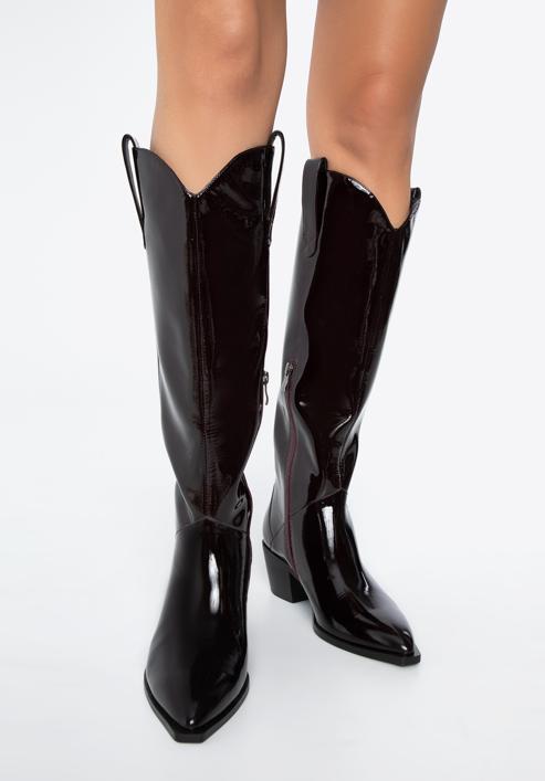 Women's patent leather cowboy knee high boots, deep burgundy, 97-D-509-3-35, Photo 16