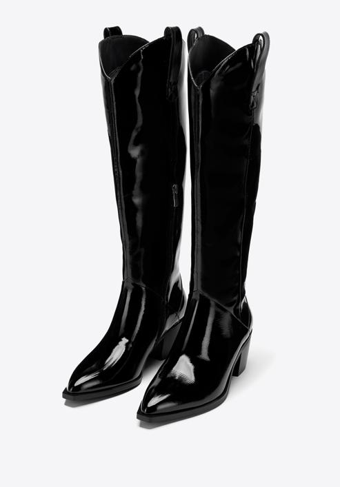 Women's patent leather cowboy knee high boots, black, 97-D-509-3-38, Photo 2