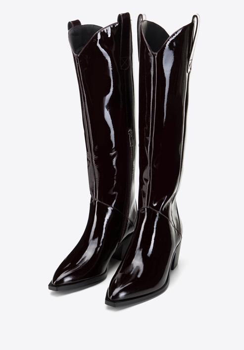 Women's patent leather cowboy knee high boots, deep burgundy, 97-D-509-3-38, Photo 2