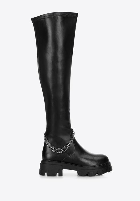 Women's leather over the knee boots with chain detail, black, 97-D-502-1-39, Photo 1