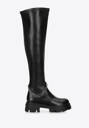 Women's leather over the knee boots with chain detail, black, 97-D-502-1-37, Photo 1