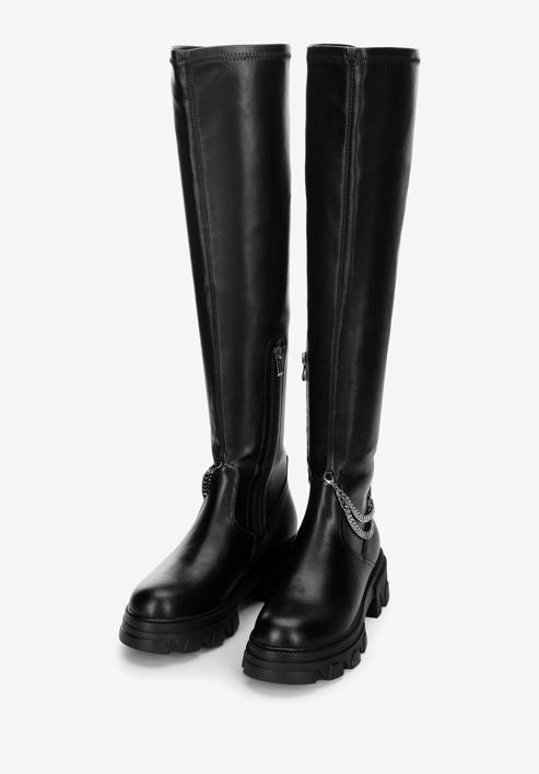 Women's leather over the knee boots with chain detail, black, 97-D-502-1-40, Photo 2