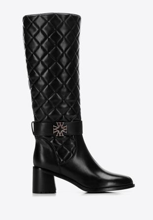 Women's leather knee high boots with quilted upper, black, 97-D-506-1-38, Photo 1