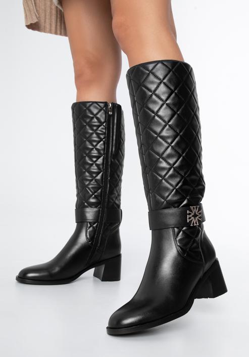 Women's leather knee high boots with quilted upper, black, 97-D-506-1-36, Photo 15