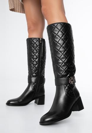 Women's leather knee high boots with quilted upper, black, 97-D-506-1-35, Photo 1