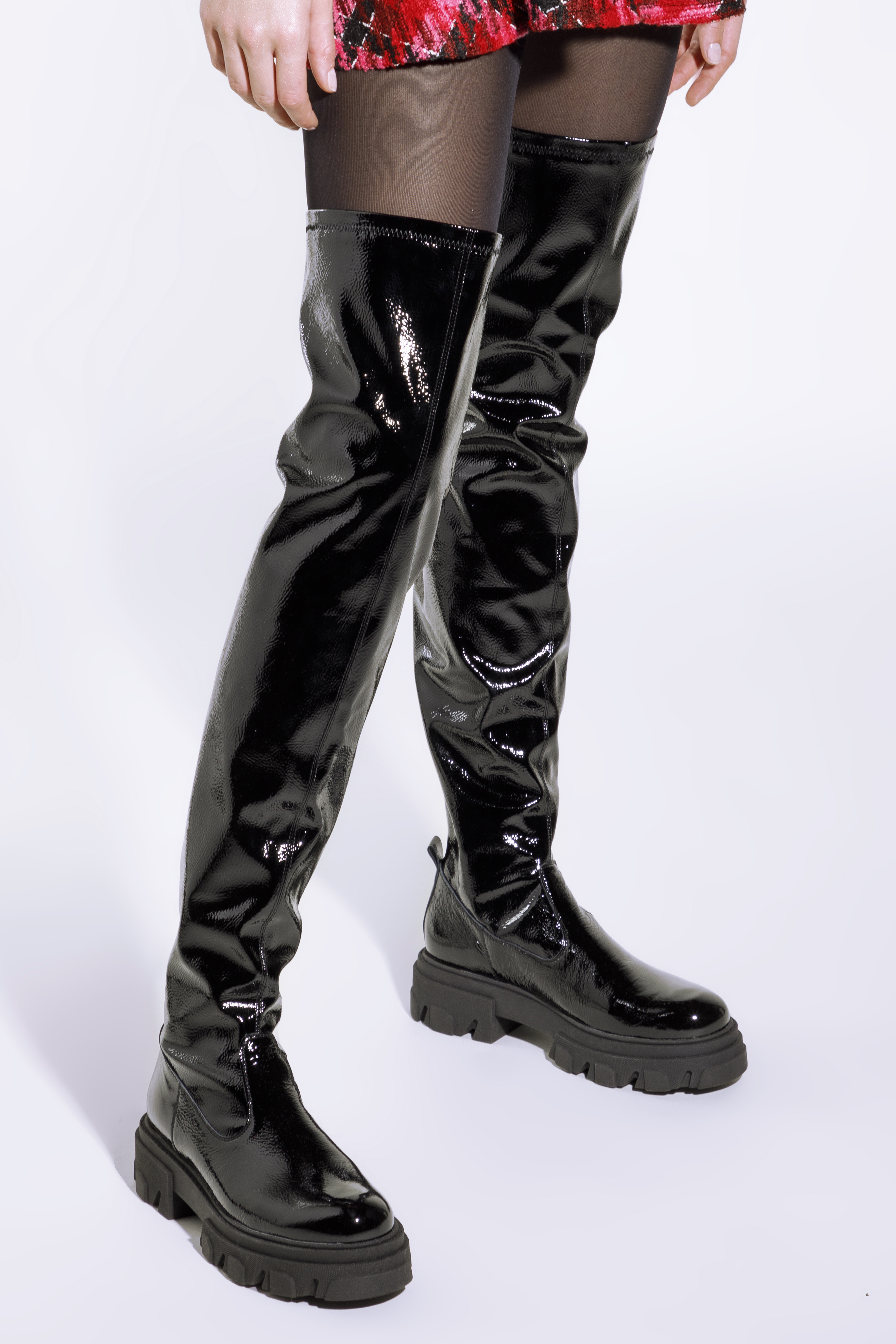 Patent leather deals thigh high boots