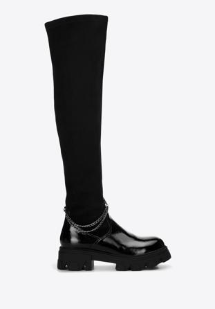 Women's patent leather over the knee boots with chain detail, black, 97-D-502-1L-39, Photo 1