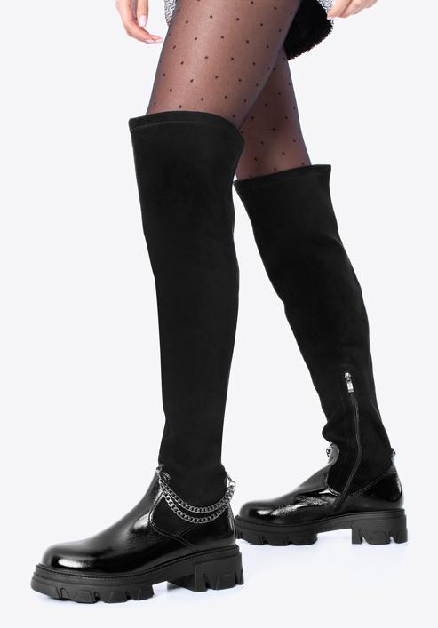 Women's patent leather over the knee boots with chain detail, black, 97-D-502-1L-41, Photo 15