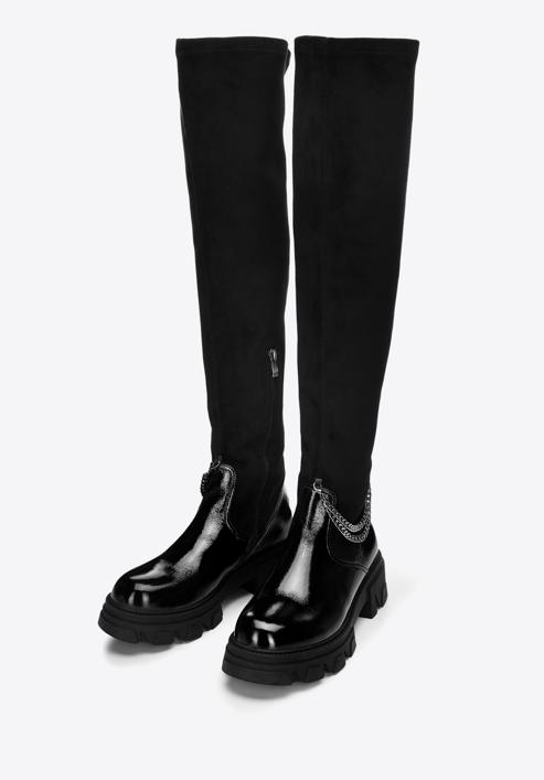 Women's patent leather over the knee boots with chain detail, black, 97-D-502-1L-39, Photo 2