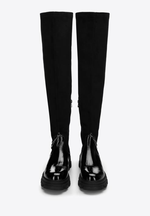 Women's patent leather over the knee boots with chain detail, black, 97-D-502-1L-39, Photo 3