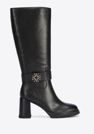 Women's block heel leather boots, black, 95-D-516-1-40, Photo 1