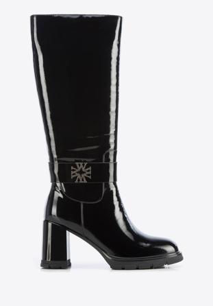 Women's block heel leather boots, black-silver, 95-D-516-1L-37, Photo 1