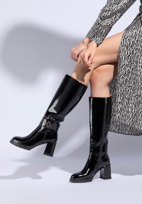 Women's block heel leather boots, black-silver, 95-D-516-1L-40, Photo 15