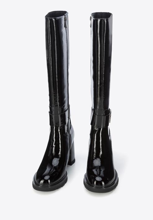 Women's block heel leather boots, black-silver, 95-D-516-1L-40, Photo 2