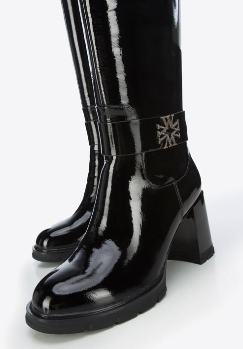 Women's block heel leather boots, black-silver, 95-D-516-1-38, Photo 7